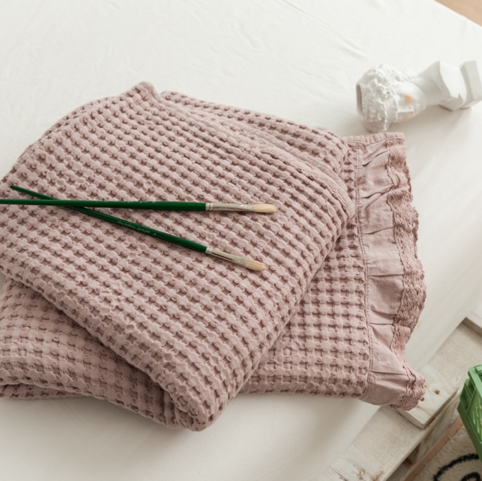 91家纺网 家纺一手货源 找家纺 918拾朵家居2021新款全棉华夫格毛巾被盖毯 浅米灰