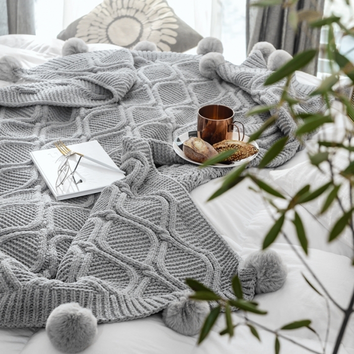 91家纺网 家纺一手货源 找家纺 918拾朵家居 2021新款雪尼尔球球毯 灰色