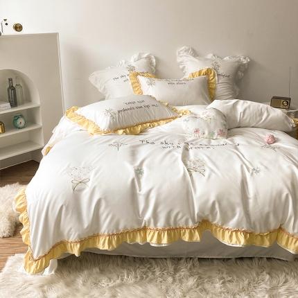 理想家 2021新款春日水洗真丝刺绣花边四件套 白色