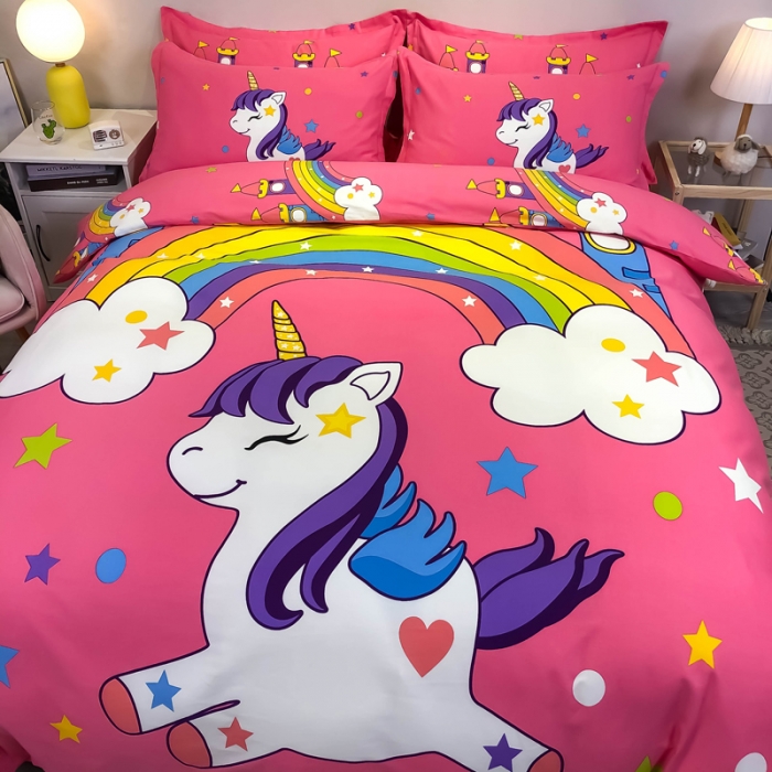 91家纺网 家纺一手货源 找家纺 金爱家 2021新款大版磨毛卡通系列四件套 彩虹小马