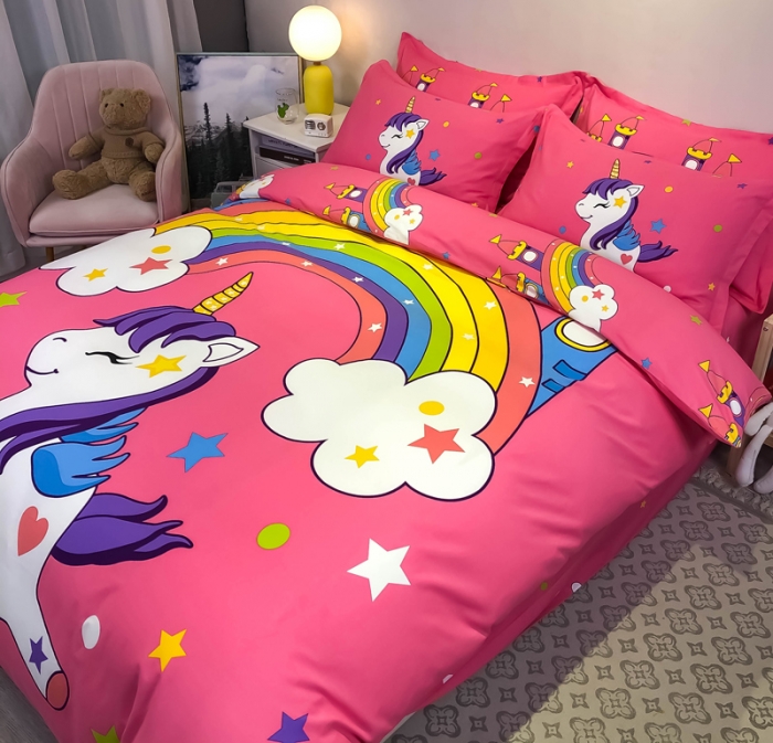 91家纺网 家纺一手货源 找家纺 金爱家 2021新款大版磨毛卡通系列四件套 彩虹小马