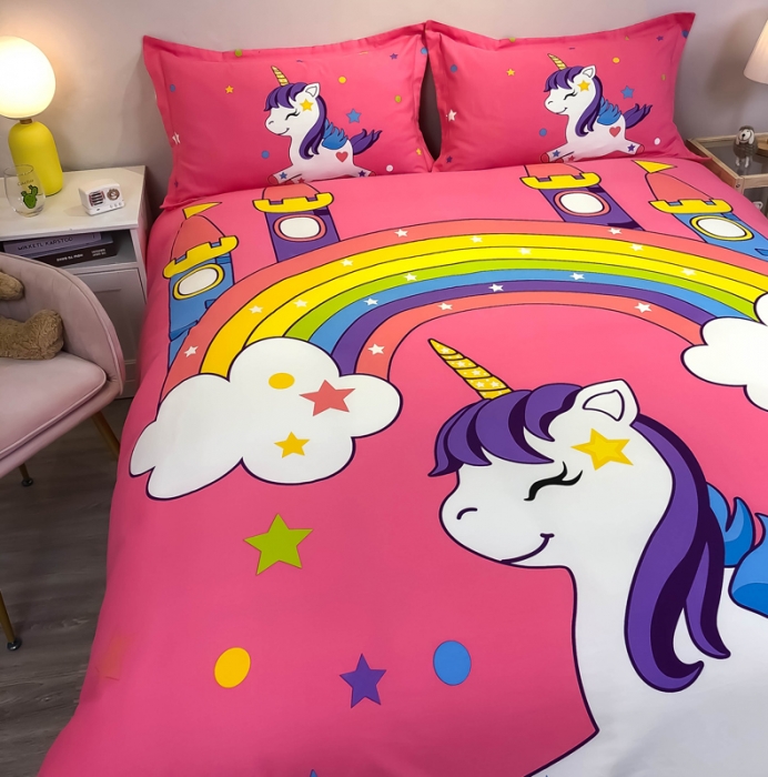 91家纺网 家纺一手货源 找家纺 金爱家 2021新款大版磨毛卡通系列四件套 彩虹小马