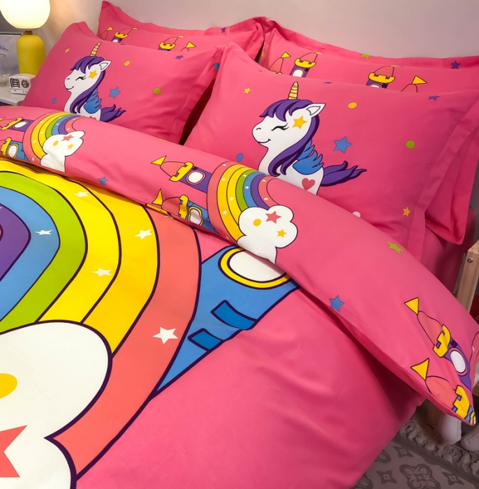 91家纺网 家纺一手货源 找家纺 金爱家 2021新款大版磨毛卡通系列四件套 彩虹小马