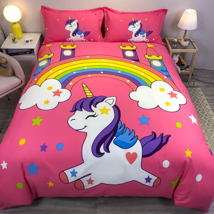 91家纺网 家纺一手货源 找家纺 金爱家 2021新款大版磨毛卡通系列四件套 彩虹小马