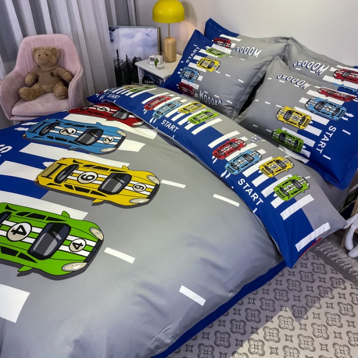 91家纺网 家纺一手货源 找家纺 金爱家 2021新款大版磨毛卡通系列四件套 疯狂赛车
