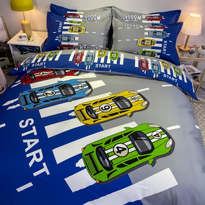 91家纺网 家纺一手货源 找家纺 金爱家 2021新款大版磨毛卡通系列四件套 疯狂赛车