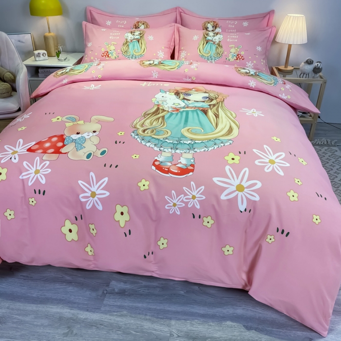 91家纺网 家纺一手货源 找家纺 金爱家 2021新款大版磨毛卡通系列四件套 可爱女孩