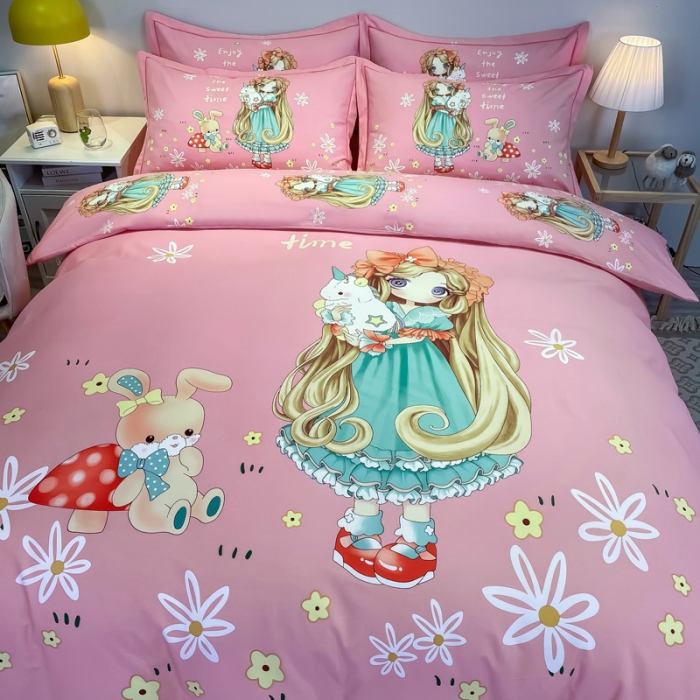 91家纺网 家纺一手货源 找家纺 金爱家 2021新款大版磨毛卡通系列四件套 可爱女孩