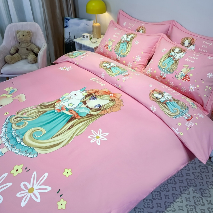 91家纺网 家纺一手货源 找家纺 金爱家 2021新款大版磨毛卡通系列四件套 可爱女孩