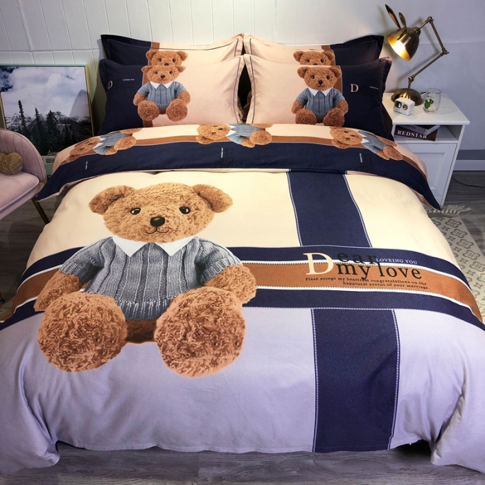 91家纺网 家纺一手货源 找家纺 金爱家 2021新款大版磨毛卡通系列四件套 可爱熊