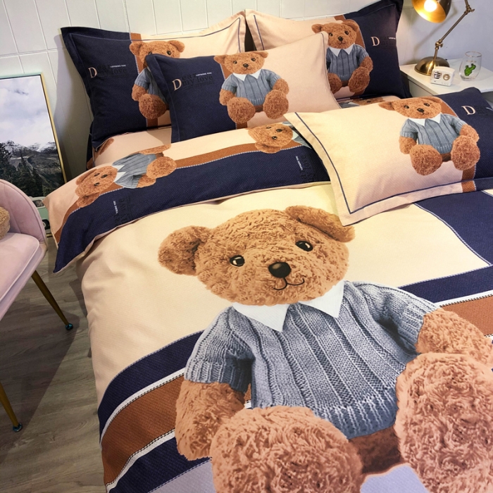 91家纺网 家纺一手货源 找家纺 金爱家 2021新款大版磨毛卡通系列四件套 可爱熊