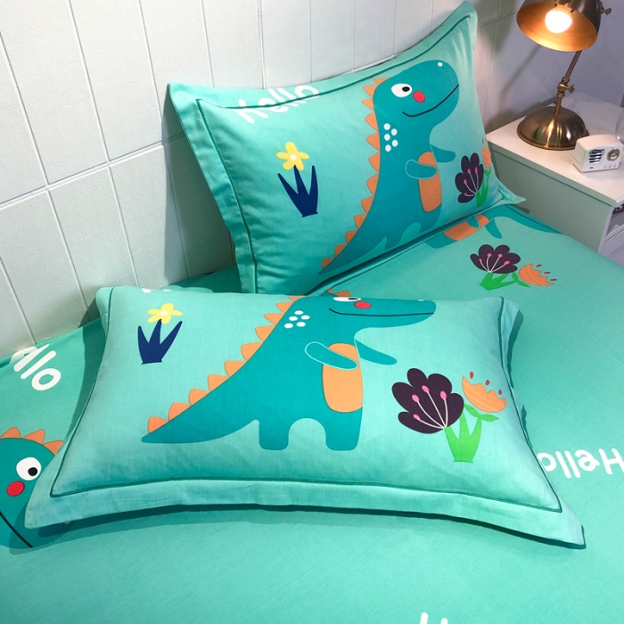 91家纺网 家纺一手货源 找家纺 金爱家 2021新款大版磨毛卡通系列四件套 恐龙绿