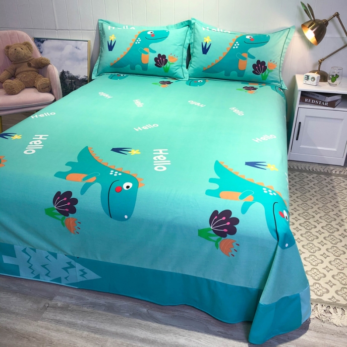 91家纺网 家纺一手货源 找家纺 金爱家 2021新款大版磨毛卡通系列四件套 恐龙绿