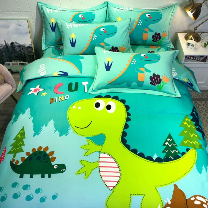 91家纺网 家纺一手货源 找家纺 金爱家 2021新款大版磨毛卡通系列四件套 恐龙绿