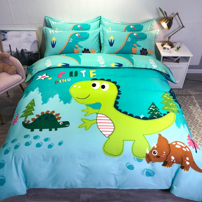 91家纺网 家纺一手货源 找家纺 金爱家 2021新款大版磨毛卡通系列四件套 恐龙绿