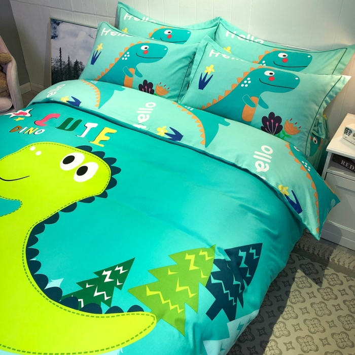 91家纺网 家纺一手货源 找家纺 金爱家 2021新款大版磨毛卡通系列四件套 恐龙绿