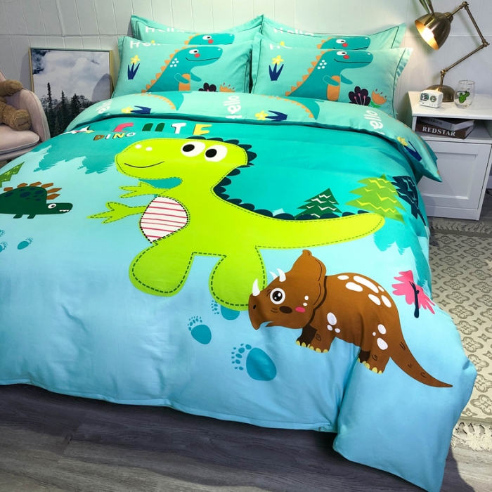 91家纺网 家纺一手货源 找家纺 金爱家 2021新款大版磨毛卡通系列四件套 恐龙绿