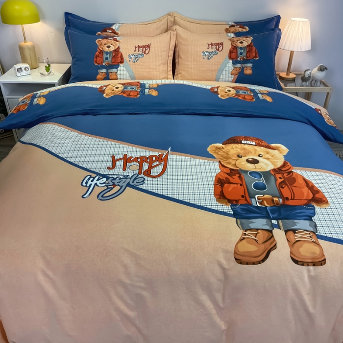 91家纺网 家纺一手货源 找家纺 金爱家 2021新款大版磨毛卡通系列四件套 快乐熊宝