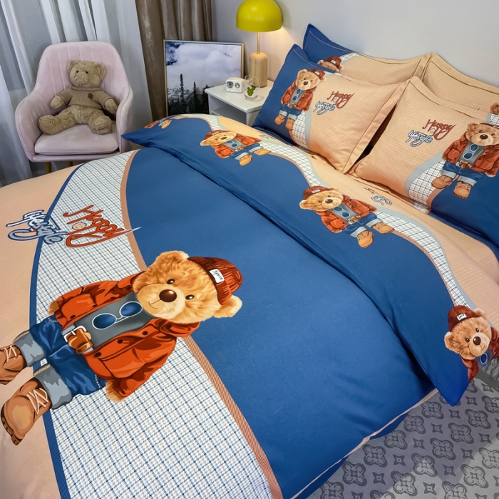 91家纺网 家纺一手货源 找家纺 金爱家 2021新款大版磨毛卡通系列四件套 快乐熊宝