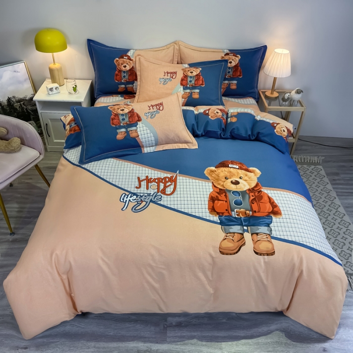 91家纺网 家纺一手货源 找家纺 金爱家 2021新款大版磨毛卡通系列四件套 快乐熊宝