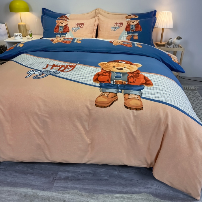 91家纺网 家纺一手货源 找家纺 金爱家 2021新款大版磨毛卡通系列四件套 快乐熊宝