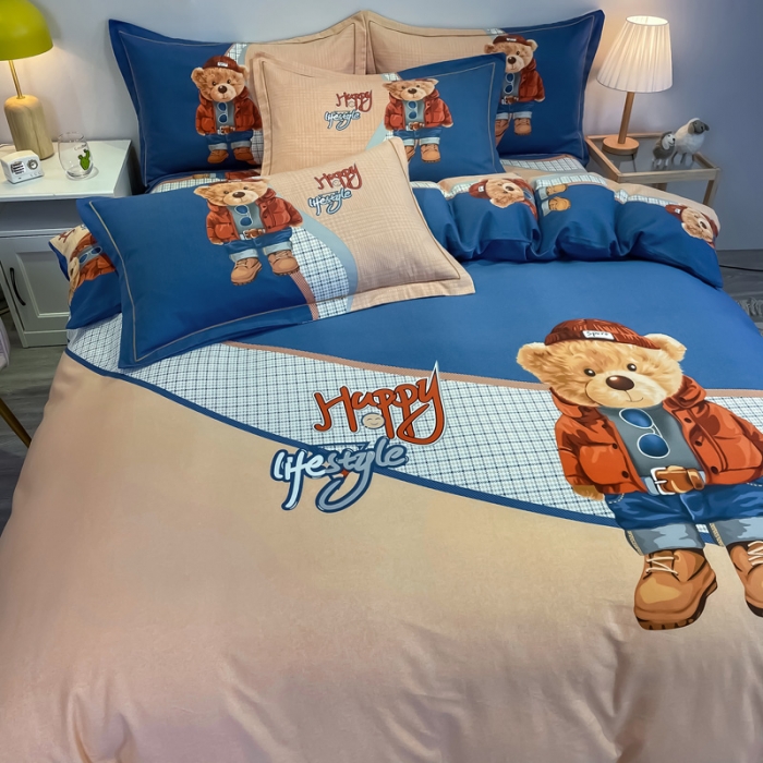 91家纺网 家纺一手货源 找家纺 金爱家 2021新款大版磨毛卡通系列四件套 快乐熊宝