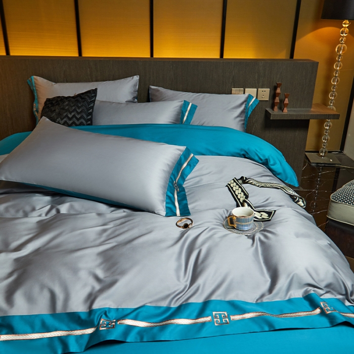 91家纺网 家纺一手货源 找家纺 瑞驰100支澳棉长绒棉刺绣四件套爱德拉系列 摩登灰+深海蓝