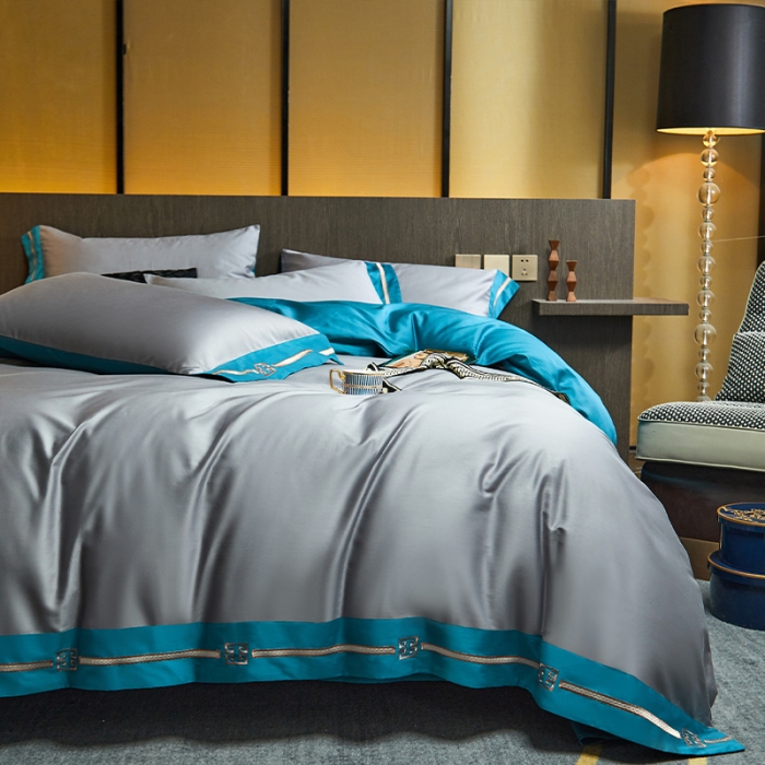 91家纺网 家纺一手货源 找家纺 瑞驰100支澳棉长绒棉刺绣四件套爱德拉系列 摩登灰+深海蓝