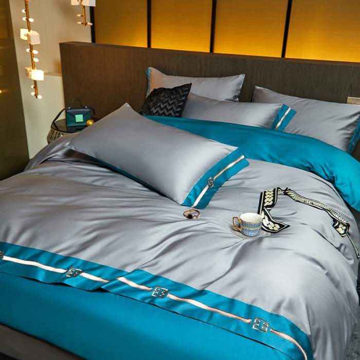 91家纺网 家纺一手货源 找家纺 瑞驰100支澳棉长绒棉刺绣四件套爱德拉系列 摩登灰+深海蓝