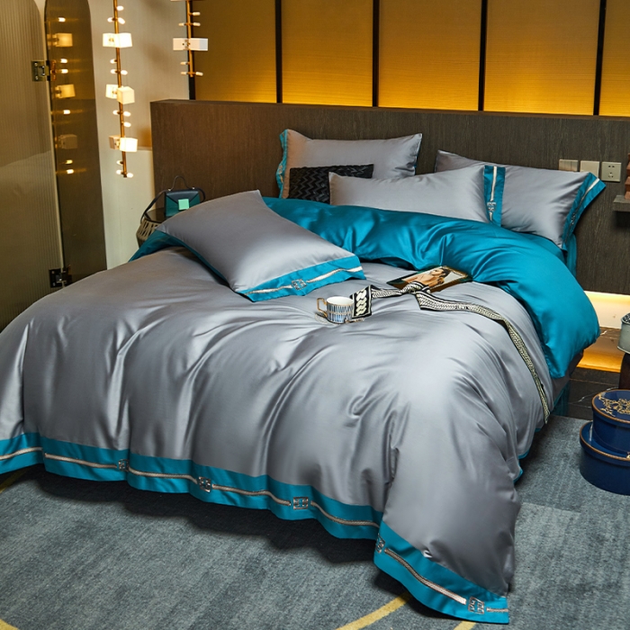 91家纺网 家纺一手货源 找家纺 瑞驰100支澳棉长绒棉刺绣四件套爱德拉系列 摩登灰+深海蓝