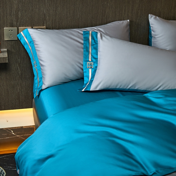 91家纺网 家纺一手货源 找家纺 瑞驰100支澳棉长绒棉刺绣四件套爱德拉系列 摩登灰+深海蓝