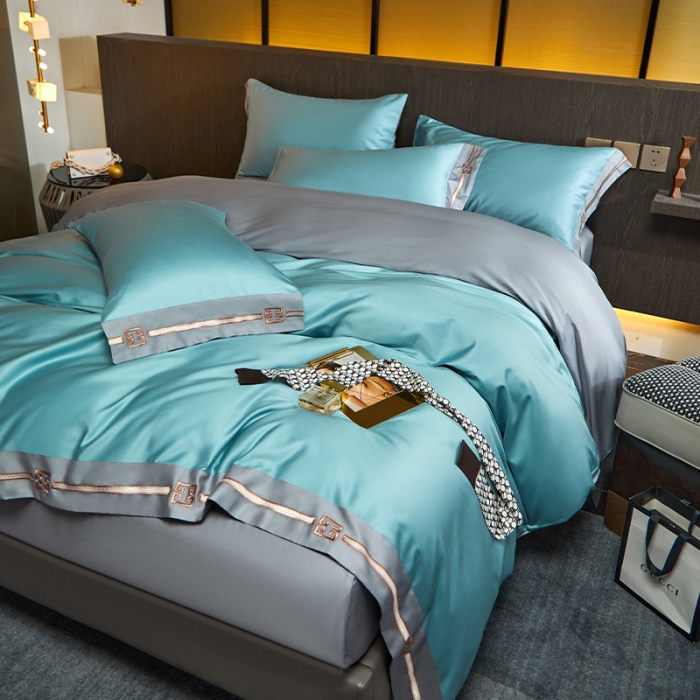 91家纺网 家纺一手货源 找家纺 瑞驰100支澳棉长绒棉刺绣四件套爱德拉系列 清水绿+摩登灰