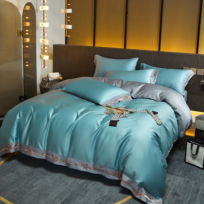 91家纺网 家纺一手货源 找家纺 瑞驰100支澳棉长绒棉刺绣四件套爱德拉系列 清水绿+摩登灰