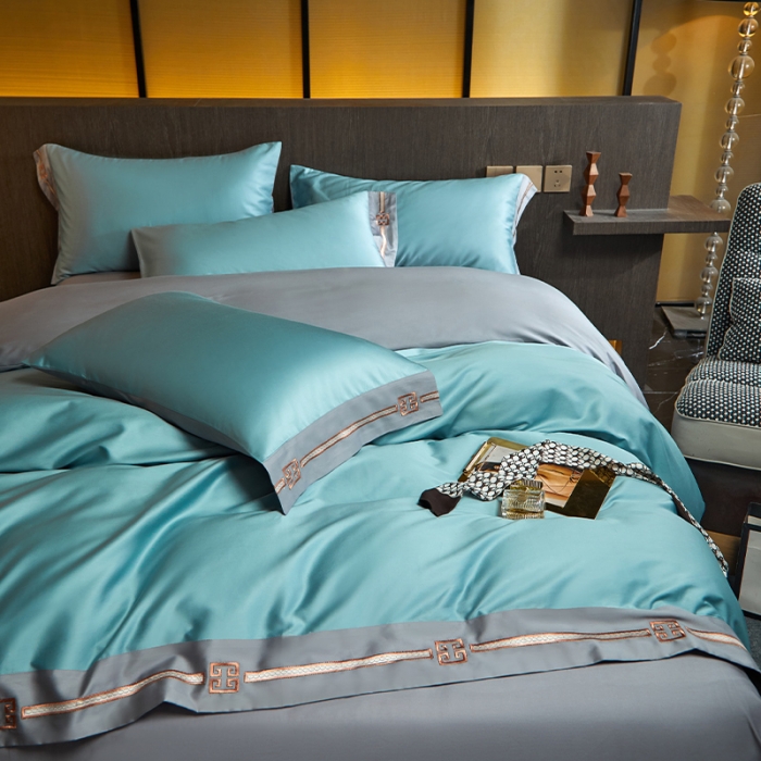 91家纺网 家纺一手货源 找家纺 瑞驰100支澳棉长绒棉刺绣四件套爱德拉系列 清水绿+摩登灰