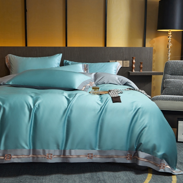 91家纺网 家纺一手货源 找家纺 瑞驰100支澳棉长绒棉刺绣四件套爱德拉系列 清水绿+摩登灰