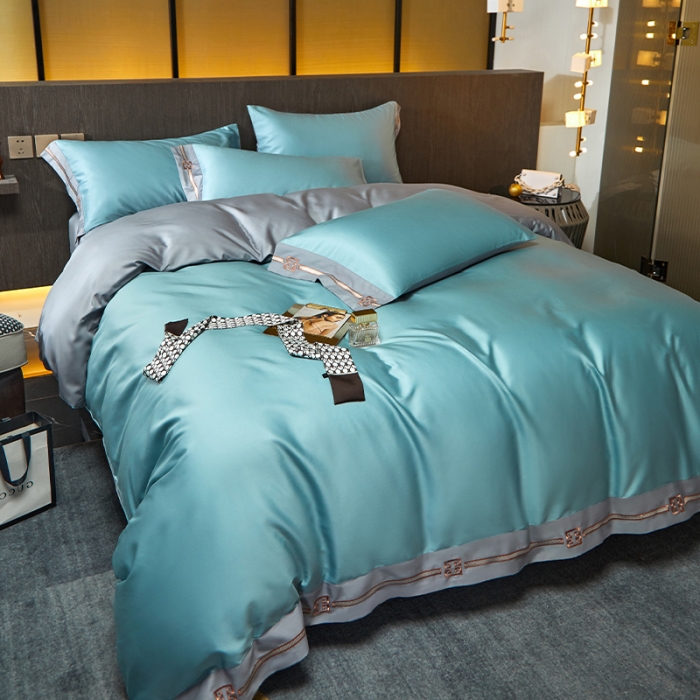 91家纺网 家纺一手货源 找家纺 瑞驰100支澳棉长绒棉刺绣四件套爱德拉系列 清水绿+摩登灰