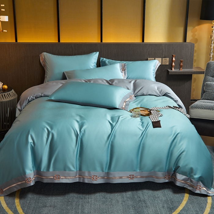 91家纺网 家纺一手货源 找家纺 瑞驰100支澳棉长绒棉刺绣四件套爱德拉系列 清水绿+摩登灰