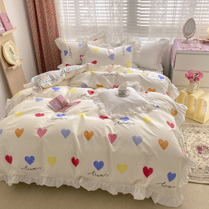 91家纺网 家纺一手货源 找家纺 雅居纺 2022新款全棉韩版花边四件套 爱心