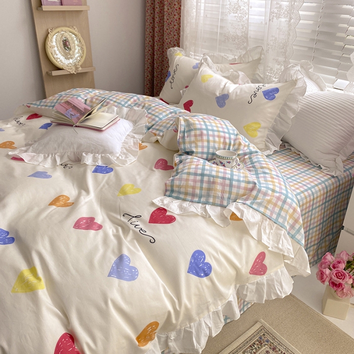 91家纺网 家纺一手货源 找家纺 雅居纺 2022新款全棉韩版花边四件套 爱心