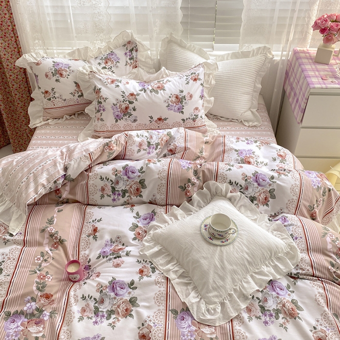 91家纺网 家纺一手货源 找家纺 雅居纺 2022新款全棉韩版花边四件套 蔷薇之恋