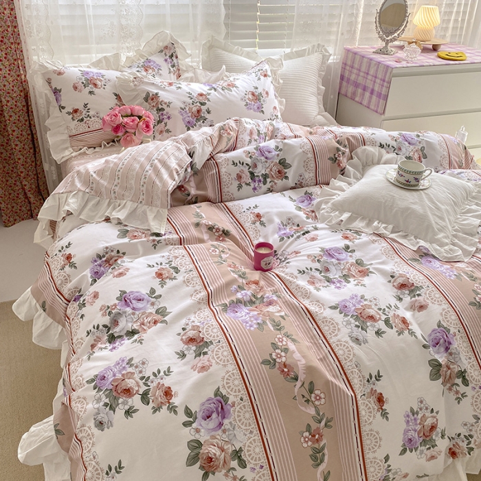 91家纺网 家纺一手货源 找家纺 雅居纺 2022新款全棉韩版花边四件套 蔷薇之恋