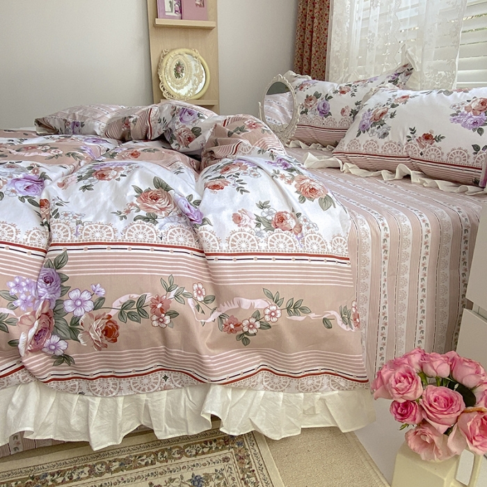 91家纺网 家纺一手货源 找家纺 雅居纺 2022新款全棉韩版花边四件套 蔷薇之恋