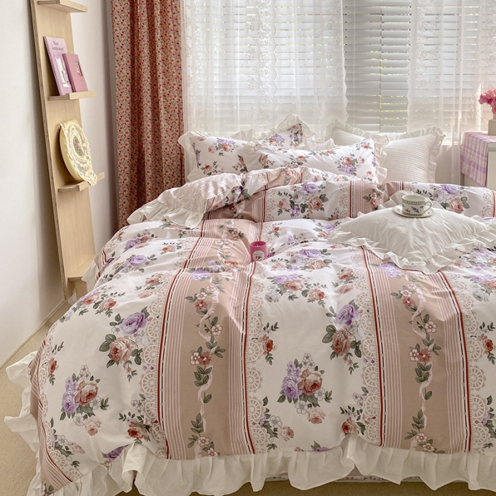 91家纺网 家纺一手货源 找家纺 雅居纺 2022新款全棉韩版花边四件套 蔷薇之恋