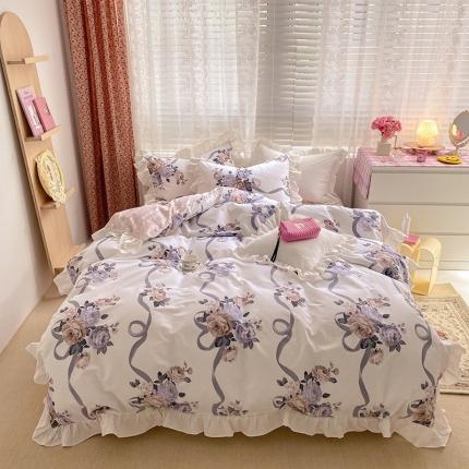 雅居纺 2022新款全棉韩版花边四件套 丝带玫瑰
