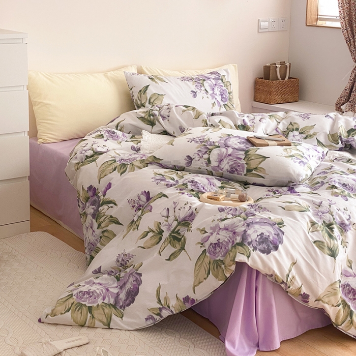 91家纺网 家纺一手货源 找家纺 窝米 2021新款夏季新品13370全棉活性印花四件套 紫苏