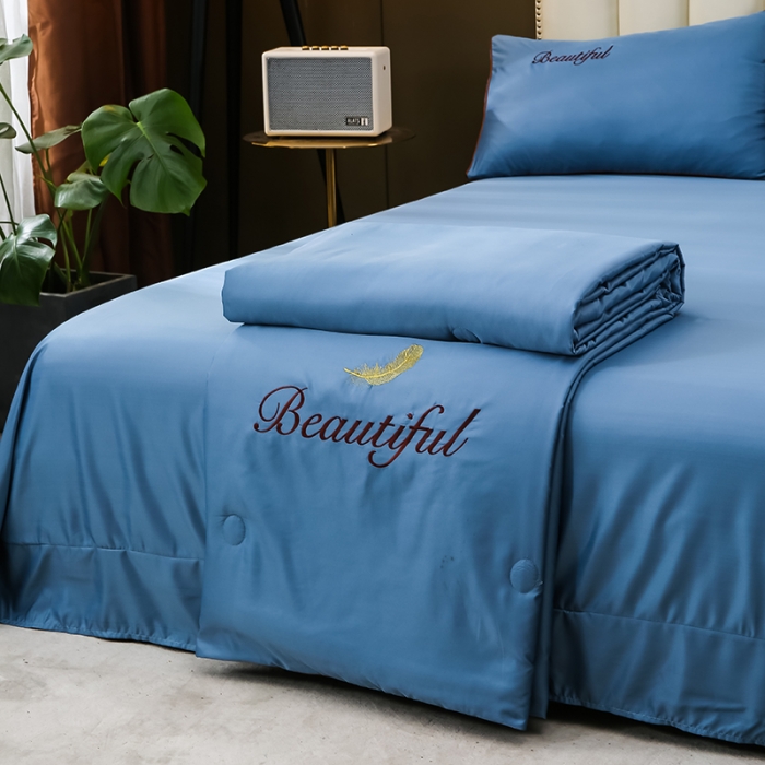 91家纺网 家纺一手货源 找家纺 （总）富之航 新款绣花水洗真丝四件套天丝夏被纯色空调被夏凉被