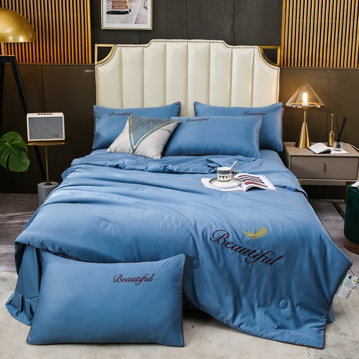 91家纺网 家纺一手货源 找家纺 （总）富之航 新款绣花水洗真丝四件套天丝夏被纯色空调被夏凉被