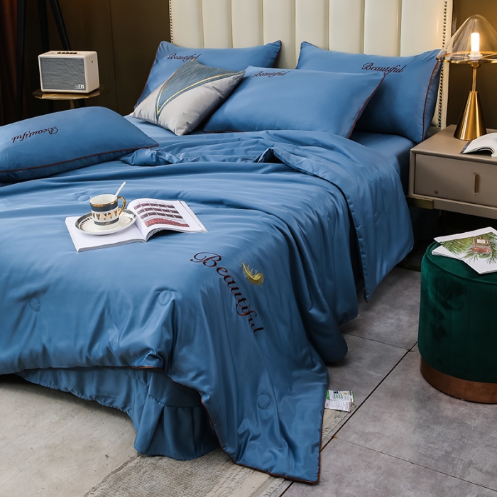 91家纺网 家纺一手货源 找家纺 （总）富之航 新款绣花水洗真丝四件套天丝夏被纯色空调被夏凉被