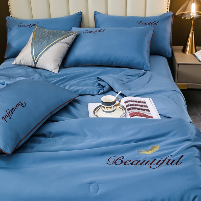 91家纺网 家纺一手货源 找家纺 （总）富之航 新款绣花水洗真丝四件套天丝夏被纯色空调被夏凉被