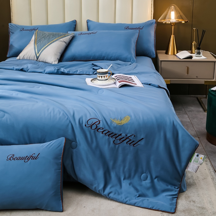 91家纺网 家纺一手货源 找家纺 （总）富之航 新款绣花水洗真丝四件套天丝夏被纯色空调被夏凉被